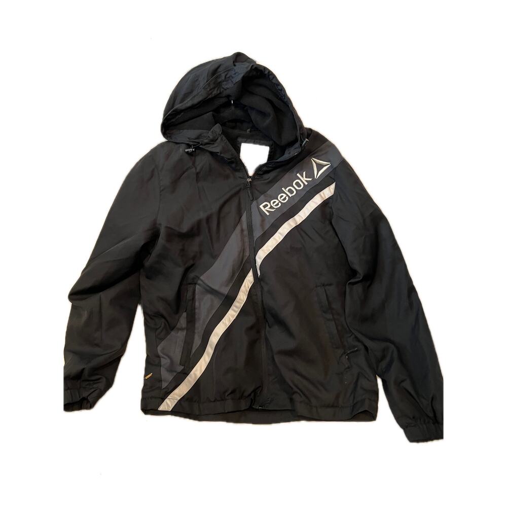 Reebok Black Gray Zip Up Hoodie Windbreaker Jacket Mens M